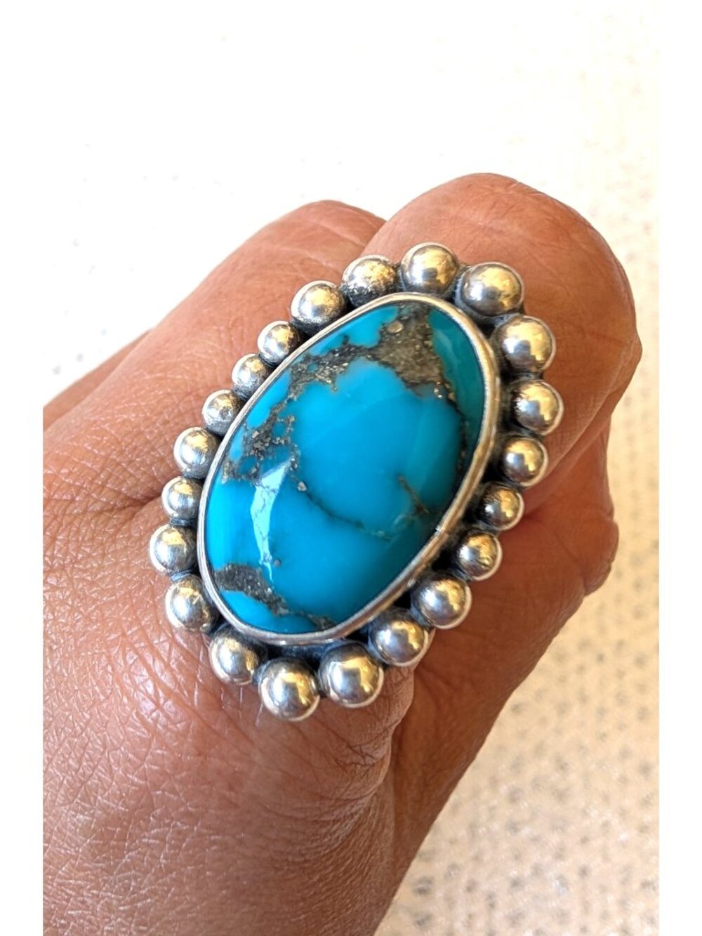 Navajo Sterling Silver Big Turquoise Ring Sz. 8 Signed VE Native American 19.1g